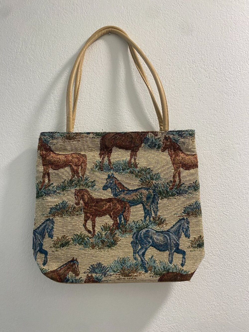 Horse Tapestry Tote Bag Western Equestrian Shoulder Purse Woven Tan Blue